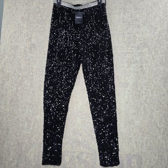 Forever 21 L/G Black Sequin Leggings With Rhinestone Waistband - Picture 1 of 6
